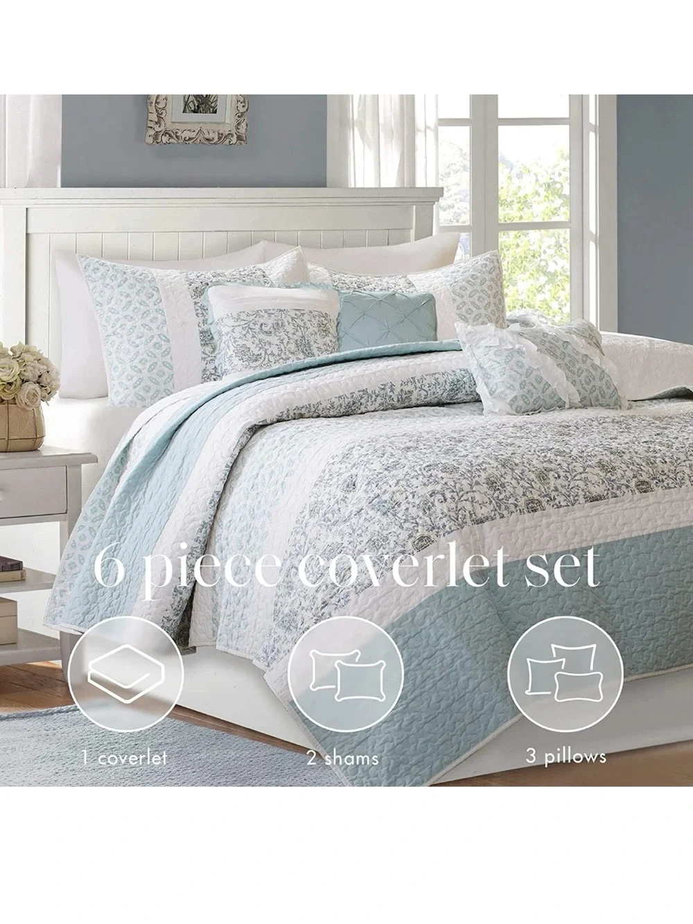 Light Blue and White Quilted Bedspread Set - Home Bedding